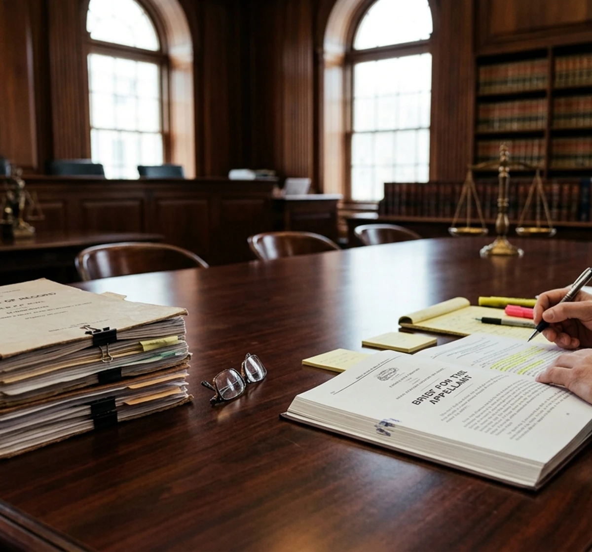 Criminal appeals attorney reviewing a trial transcript in Syracuse, NY