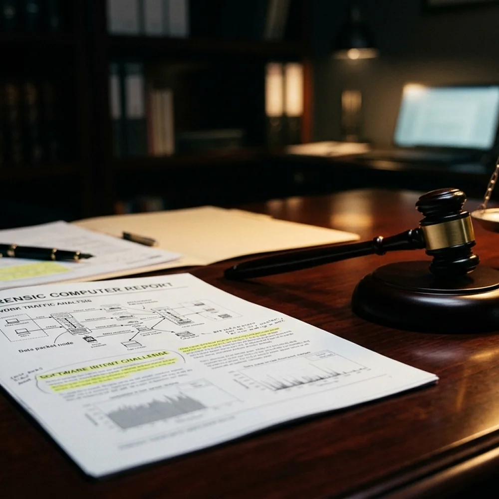 Internet sex crimes attorney reviewing a case file in Syracuse, NY