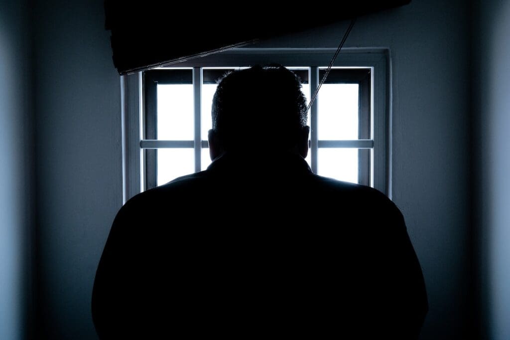 Silhouette of a man looking at a barred window, representing federal crime legal defense.